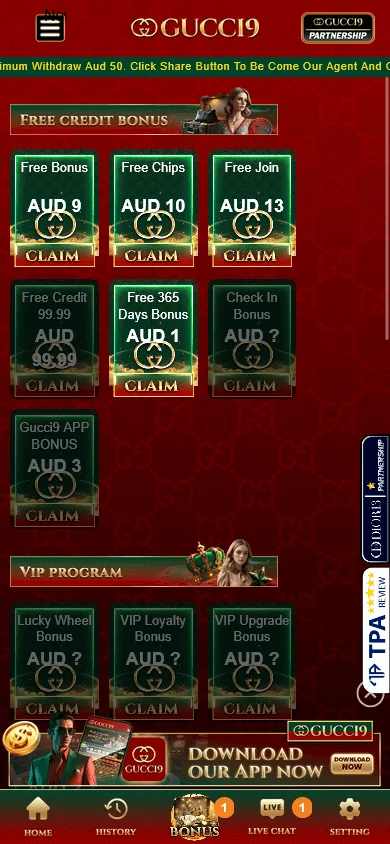 Gucci9 Casino mobile promotions area with welcome and no-deposit offers