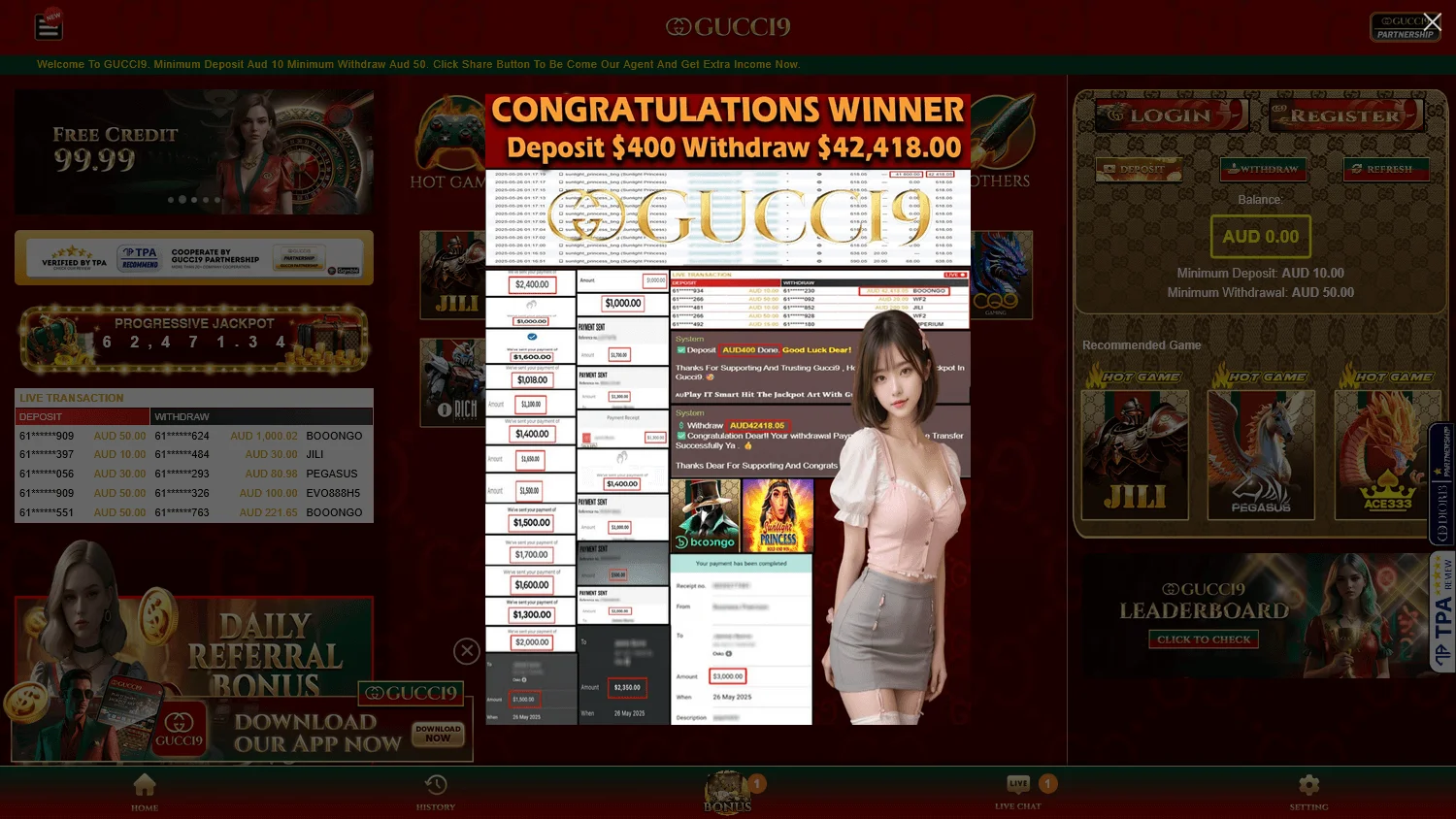 Gucci9 Casino desktop games area with slots, jackpot games and live baccarat