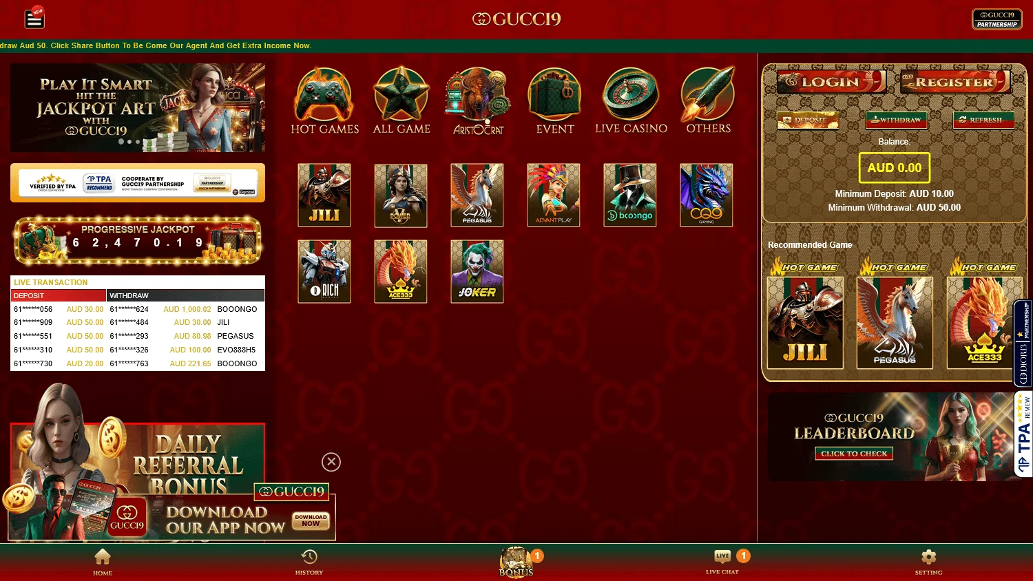 Gucci9 Casino desktop home interface with casino offer and account features